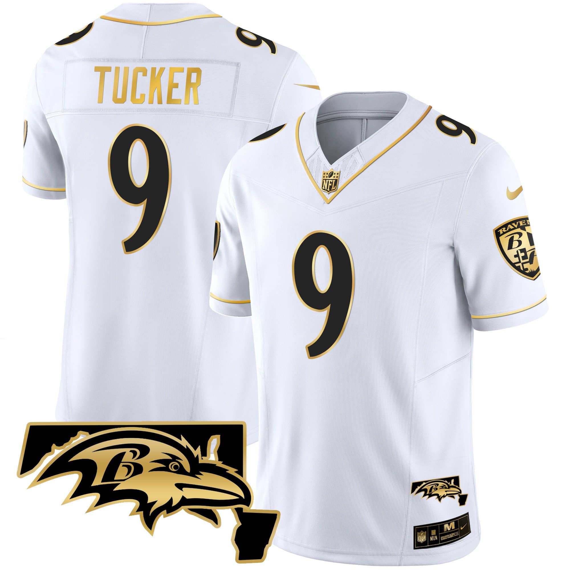 Men Baltimore Ravens #9 Tucker White Gold 2024 Nike Maryland Patch Vapor Limited NFL Jersey
